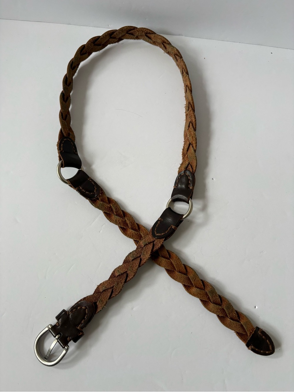 Brown Hand Braided Slim Genuine Leather Belt Silver Brass Buckle L Boho Pirate - Picture 4 of 6